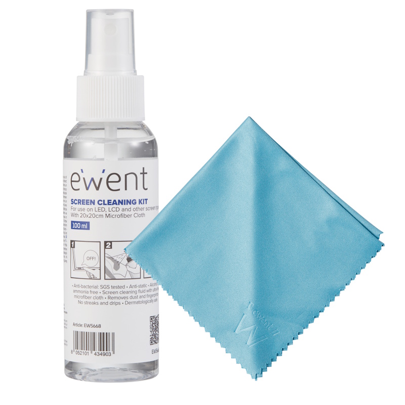 EW5668 | 100ml Screen Cleaning Kit with 20x20cm Microfiber Cloth | Ewent | distributori informatica